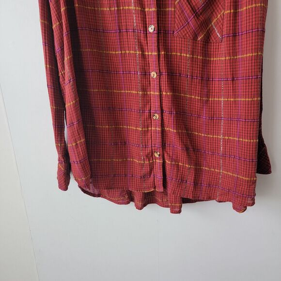 Free People Break My Stride Metallic Plaid Button-up Tunic Sherry Combo size M - Picture 5 of 8